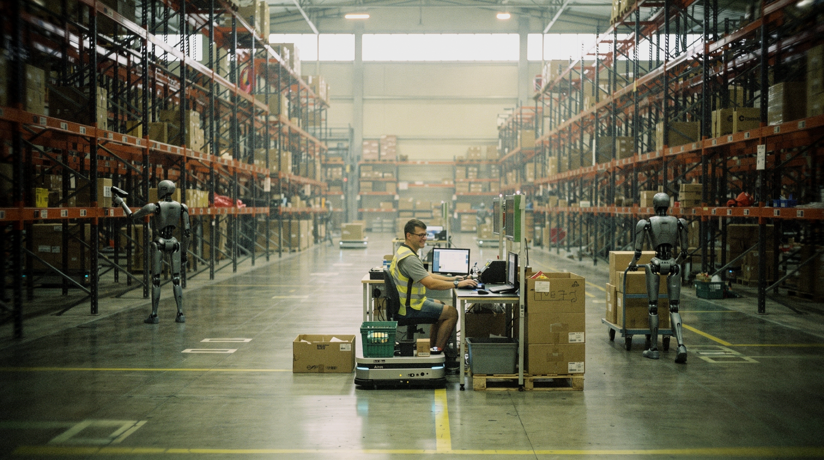Warehouse supervisor at a workstation while humanoid robots and autonomous mobile robots move inventory through aisles of shelving